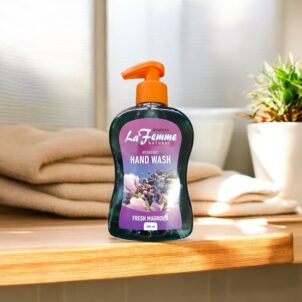 A 300ml bottle of hand wash scented with fresh magnolia, featuring elegant packaging with floral accents. The soap offers a gentle cleanse and leaves hands lightly fragranced with a clean, floral aroma.