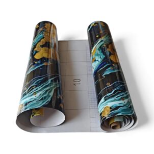 Decor wallpaper featuring a dramatic gold and blue bubble-effect pattern over a marble-style background.