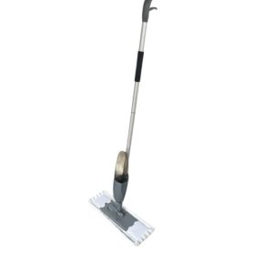 2-in-1 microfiber spray mop with a comfortable-length handle for easy, efficient cleaning; features a functional, removable spray bottle and machine-washable microfiber pad for convenient use and maintenance.