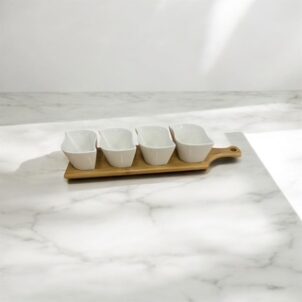 Bamboo Tray & Ceramic Pastry Bowls Serveware Set fabulous striped patterns design.