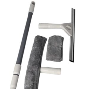 Complete 5-piece window cleaning set designed for effortless and thorough cleaning of various surfaces; includes a high-quality window cleaner, durable scraper, reusable cleaning pads, and a long, extendable rod that reaches high or hard-to-access areas. Perfect for achieving a streak-free finish on windows, mirrors, tiles, and shower glass, this set ensures convenience, efficiency, and sparkling clean results throughout your home