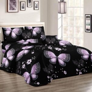 Black quilt featuring large, beautiful lilac and purple butterflies, creating a striking and elegant contrast.