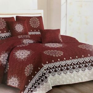 Rusty autumn maroon quilt featuring soft circular flower patterns in stone and white, adding a warm and cozy seasonal touch.