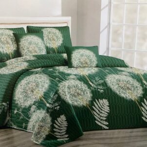 Muted green quilt decorated with soft white dandelion patterns, creating a gentle and calming natural feel.