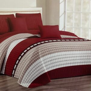 Modern color-block quilt in maroon, stone, and white, offering a clean, contemporary look with rich and balanced tones.