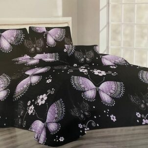 Black quilt featuring large, beautiful lilac and purple butterflies, creating a striking and elegant contrast.