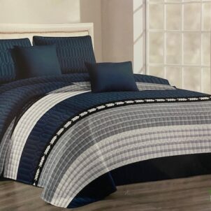 Modern bedding set with blue and grey color blocking, designed for a clean and contemporary look.