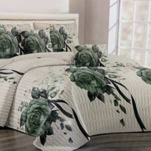 Soft off-white quilt featuring forest green roses, bringing a touch of natural elegance and sophistication to the room.