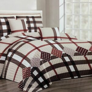 Fresh and bold quilt featuring brown and rust stripes in a palette of brown and beige tones, adding warmth and character to the space.