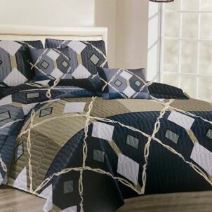Quilt with a mix of diamond-shaped patterns in navy, khaki green, white, and grey, creating a modern and geometric design with a balanced, stylish look.