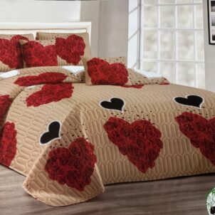 Quilt set with matching pillowcases in bold, vibrant colors and elegant patterns, creating a stylish and eye-catching bedroom look.