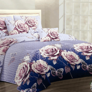 Quilt bedding featuring a feast of purple and lilac tones, decorated with elegant rose and butterfly patterns, adding a stylish and romantic touch to the bedroom.