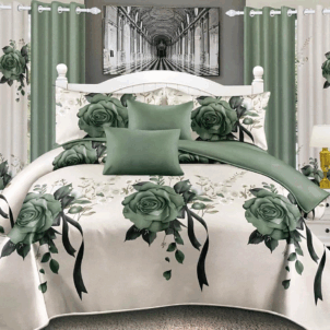 White quilt adorned with large, bold green roses and subtle soft green color blocking. The design creates a serene, calming atmosphere with a modern floral touch.