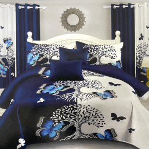 White and navy quilt accented with bright blue butterflies and subtle hints of black. The bold contrasts and vibrant details create a unique, eye-catching design with a modern twist.