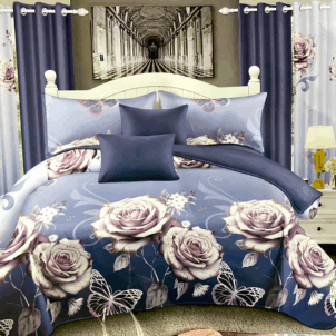 Beautiful lilac and purple quilt adorned with a bouquet of soft pink roses and delicate butterflies. The gentle colors and floral accents add a graceful, feminine touch to the design.
