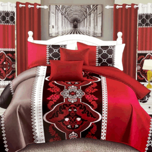 Modern quilt in rich deep red and soft autumn brown tones, featuring a sleek contemporary pattern. The warm color palette evokes a cozy, sophisticated feel.