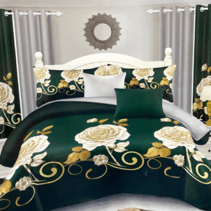 Emerald green quilt adorned with bold ivory roses. The striking floral contrast adds elegance and drama to the rich, vibrant background