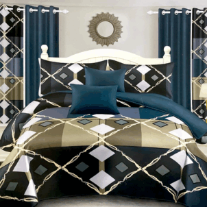 Modern diamond-patterned quilt in a sleek palette of black, charcoal, stone, and white. The sharp geometric design and neutral tones create a stylish, contemporary look.