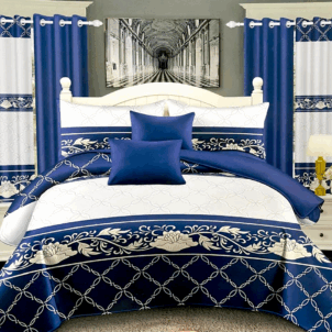 Modern white quilt with a sleek navy blue border, featuring an elegant pattern in shades of ivory and white. The subtle design and crisp contrast offer a clean, sophisticated look.