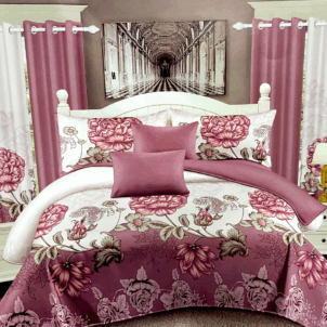 White and dusty pink quilt featuring a lavish array of blooming flowers. The soft color palette and abundant floral design create a romantic, graceful aesthetic