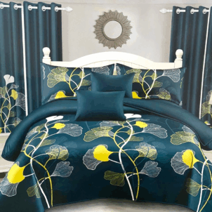 Emerald green quilt featuring a delicate flowery pattern in light yellow, accented with a splash of bright yellow. The vibrant contrast adds warmth and charm to the rich green background.