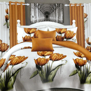 White quilt featuring a bouquet of autumn-inspired orange-brown flowers with green leaves. The warm, earthy tones bring a cozy, seasonal charm to the fresh white background.