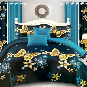Navy and blue quilt adorned with gold-yellow butterflies. The vibrant butterfly accents add a touch of elegance and contrast to the deep, calming background tones.