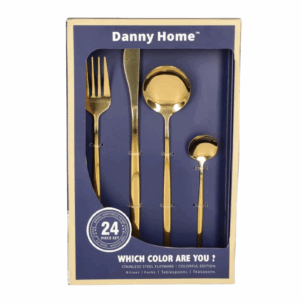 Strong, durable, and beautiful gold cutlery set, perfect for parties and private dinners, elegantly arranged to highlight its luxurious finish and high-quality design.