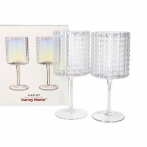 High-footed glasses with long, elegant stems and bowls shimmering in rainbow crystal colors, reflecting light in a spectrum of hues
