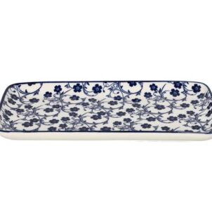 Individual white ceramic plates and bowls with a delicate blue floral pattern and a thin blue border.