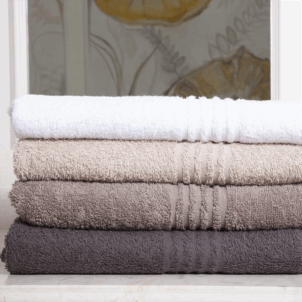 Luxury bath sheet made from combed cotton yarn in a warp knit construction, offering a refined balance of softness, durability, and absorbency. Available in elegant shades of white, taupe, grey, and pebble.