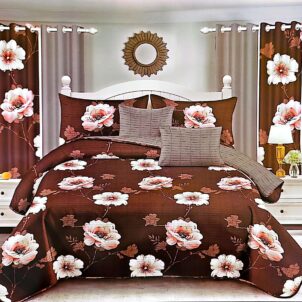 Brown quilt set with a soft pink and white floral pattern for a warm, elegant look