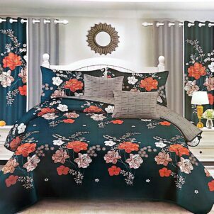 Green quilt featuring burnt orange, pink, and white floral patterns for a vibrant, nature-inspired look.