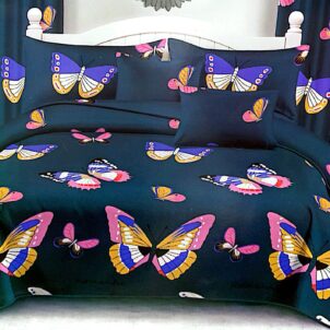 Light green-blue bedspread adorned with bold butterflies in shades of purple, pink, mustard, and white, adding a vibrant and whimsical touch.