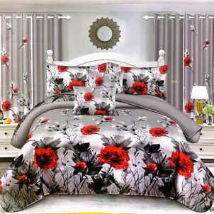 Silver grey bedspread featuring red roses with charcoal and dark grey accents, creating a dramatic and elegant floral design.