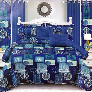 Sea-inspired quilt in shades of blue and seafoam green, decorated with patterns of seashells and anchors for a coastal, nautical look.