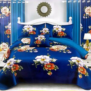Blue quilt featuring bold lilac, white, and orange flowers in a vibrant, eye-catching floral design.
