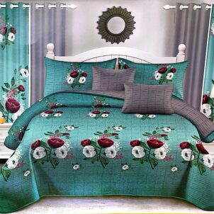 Seafoam green quilt adorned with white and burgundy flowers, creating a soft and elegant floral pattern.