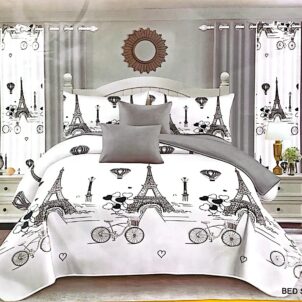Classic white quilt set with a Paris-themed design in soft charcoal and grey tones, featuring elegant motifs for a timeless, romantic look.