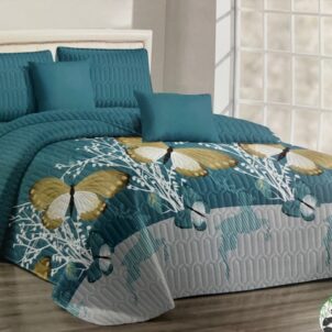 Quilt set with matching pillowcases in bold, vibrant colors and elegant patterns, creating a stylish and eye-catching bedroom look.