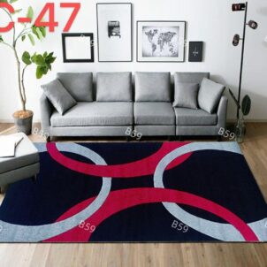 Carpet with red and blue circle patterns.