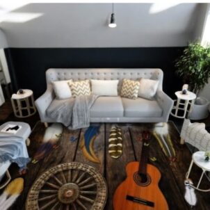 Artistic carpet with a design resembling a painting, featuring western ranch elements such as feathers, a wagon wheel, and a guitar.