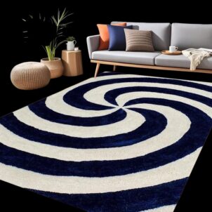 Contemporary carpet featuring a bold black and white geometric pattern with clean lines and high contrast.