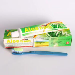 Aloe Vera Mint toothpaste in a green and white tube, featuring natural aloe vera and mint for fresh breath and dental care.