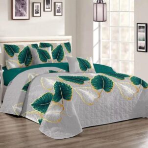 Quilt set with a grey base color, featuring a stylish leaf pattern of green leaves accented with elegant gold lining. The design combines natural elements with a touch of luxury, adding a modern yet calming aesthetic to any bedroom.