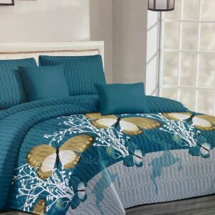 Medium blue quilt with grey, featuring large butterflies in soft gold, brown, and white tones.