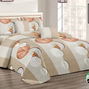 Quilt set with a striped white and beige background, overlaid with a subtle circular pattern. The design blends clean lines with soft curves, offering a minimalist yet stylish look suitable for contemporary or neutral-themed bedrooms.