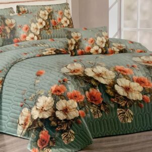 Sage green quilt set featuring a floral pattern with soft beige and orange flowers, accented by green leaves.