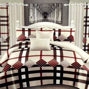 Quilt with a modern block pattern in stone tones, featuring white, chocolate brown, and burgundy stripes for a bold, contemporary style