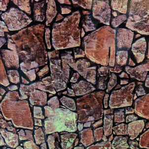 Cobblestone-inspired wallpaper in warm brown and rust tones, mimicking the texture and look of aged stone for a rustic, earthy feel.